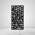 Abstract Flow modern metal privacy screen against a light grey wall with abstract circles and intersecting lines