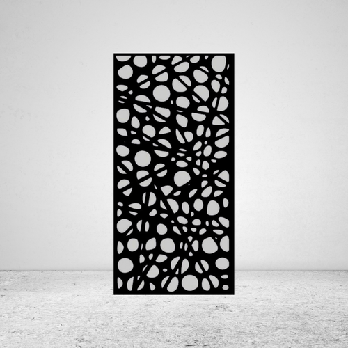 Abstract Flow modern metal privacy screen against a light grey wall with abstract circles and intersecting lines