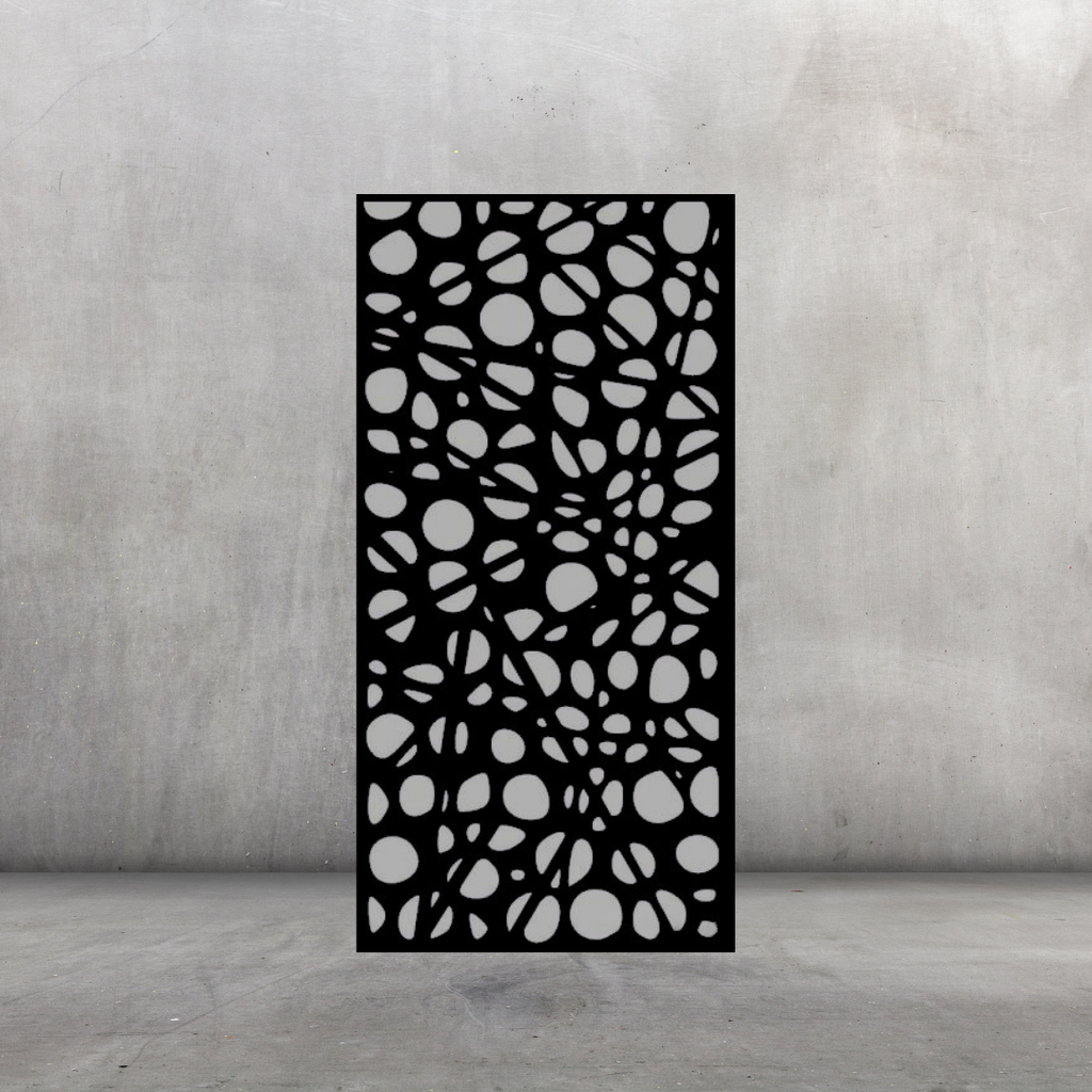 Abstract Flow artistic metal privacy screen displayed against a dark grey wall with modern fluid line pattern
