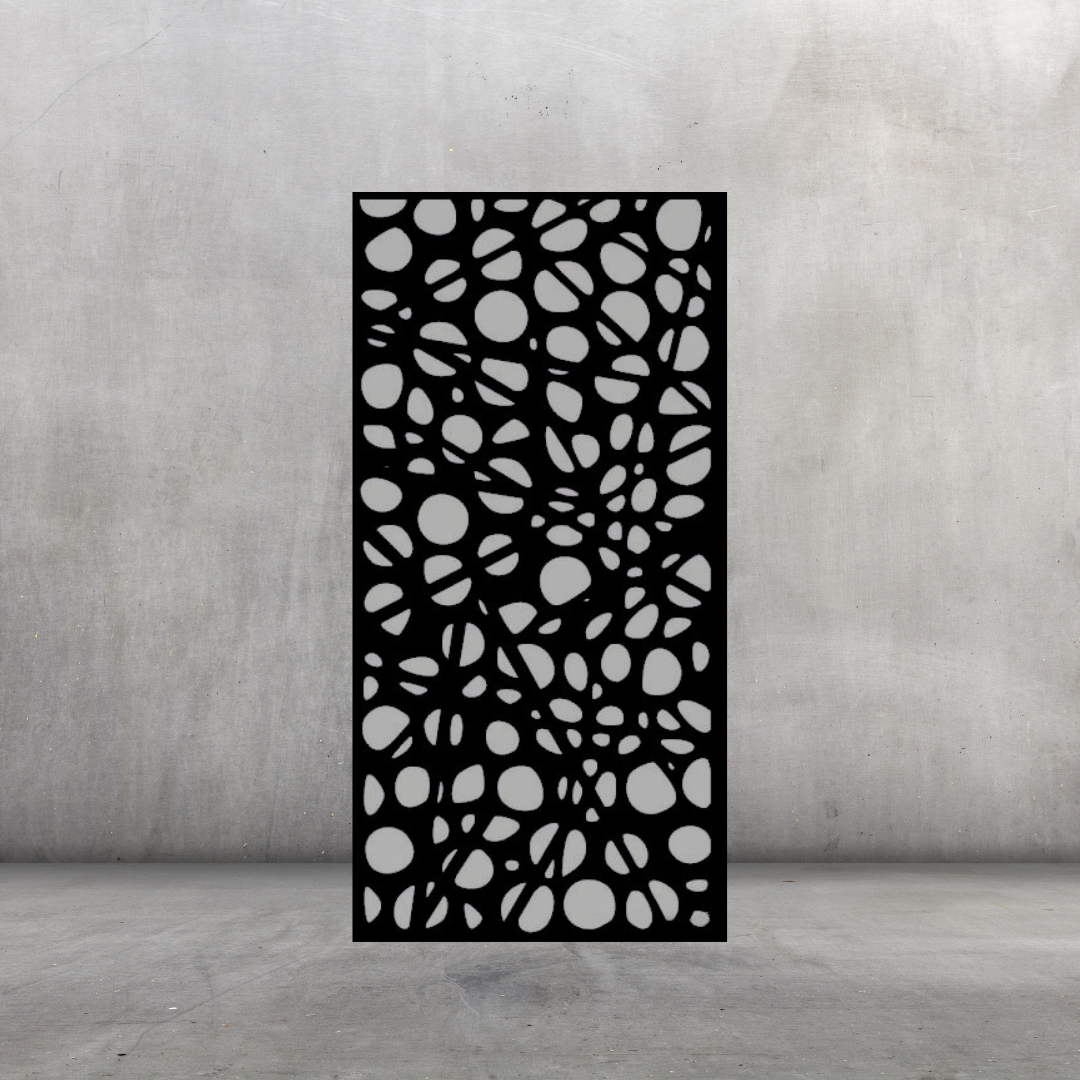 Abstract Flow artistic metal privacy screen displayed against a dark grey wall with modern fluid line pattern