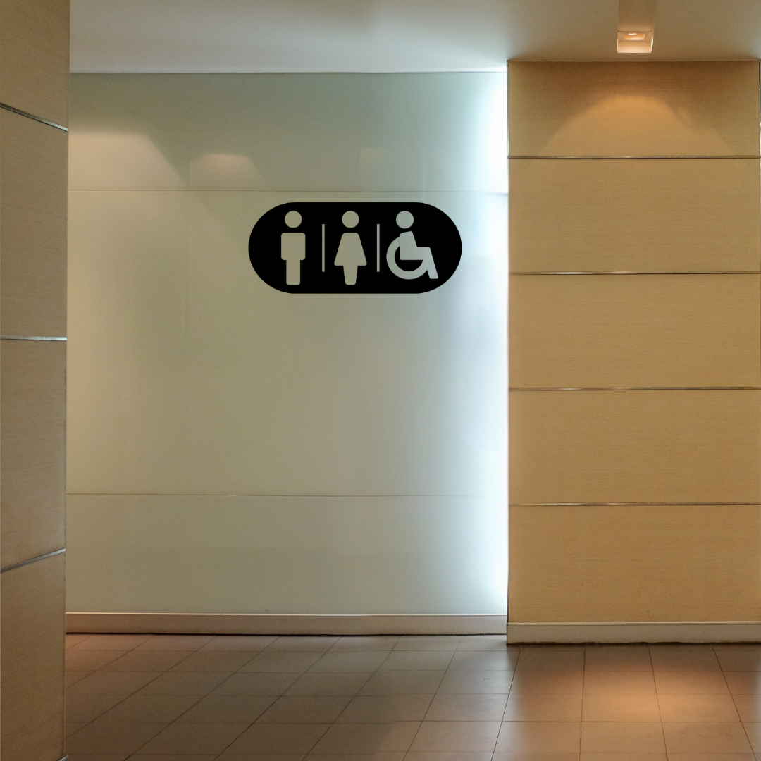 Accessible Male & Female Toilet Sign | Inclusive Bathroom Sign mounted on a contemporary restroom wall.