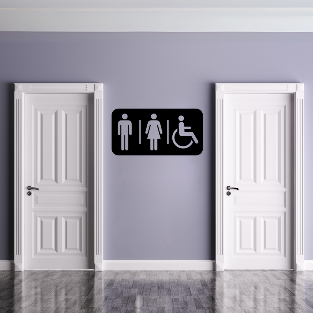 Accessible Toilet Sign | Inclusive Restroom Sign displayed on a modern restroom wall between two white doors.