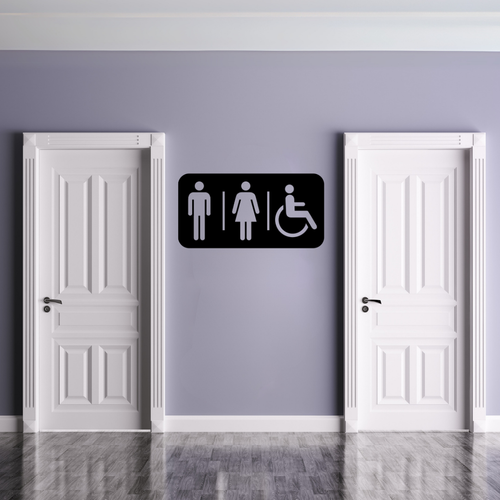 Accessible Toilet Sign | Inclusive Restroom Sign displayed on a modern restroom wall between two white doors.