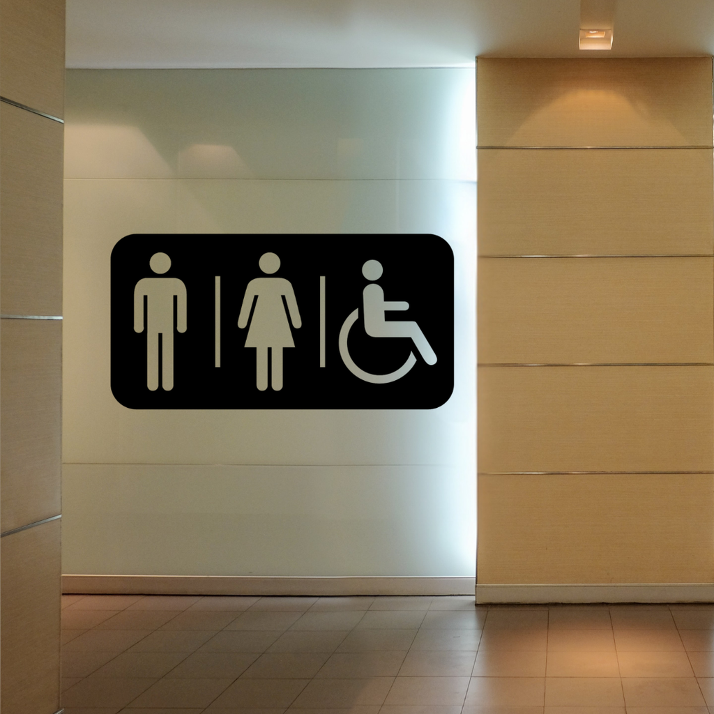 Accessible Toilet Sign |  Inclusive Restroom Sign mounted on a modern commercial restroom wall.