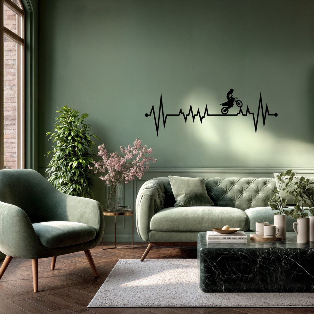 Adrenaline Pulse | Offroad Heartbeat Metal Wall Art showcased in a stylish contemporary living room.