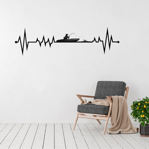 Adventure Pulse | Fishing Heartbeat Metal Wall Art displayed in a modern living room, featuring a heartbeat line seamlessly integrated with a fishing boat and angler silhouette.