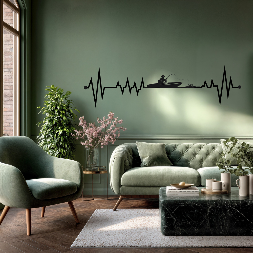 Adventure Pulse | Fishing Heartbeat Metal Wall Art installed above a contemporary sofa, showcasing a heartbeat waveform with a fisherman casting from a boat.