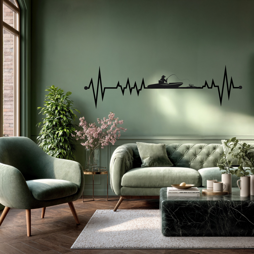 Adventure Pulse | Fishing Heartbeat Metal Wall Art installed above a contemporary sofa, showcasing a heartbeat waveform with a fisherman casting from a boat.