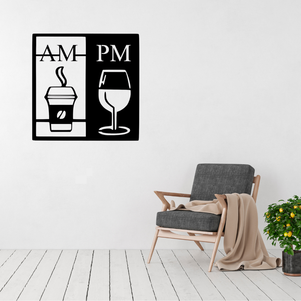 AM Coffee • PM Wine | Kitchen Metal Wall Art displayed on a modern white wall above a stylish armchair.