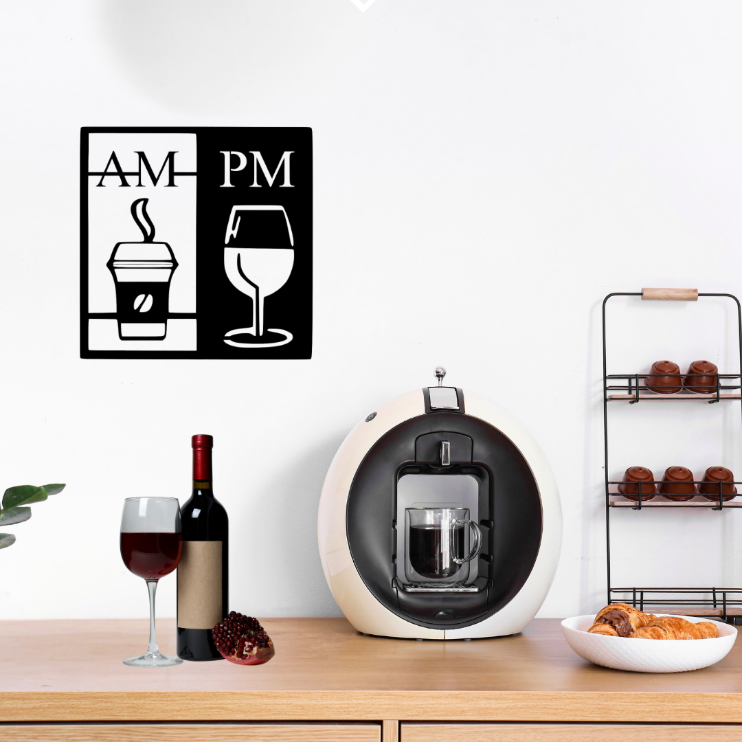 AM Coffee • PM Wine | Kitchen Metal Wall Art showcased above a modern coffee station with an espresso machine, wine bottle, and kitchen accessories.