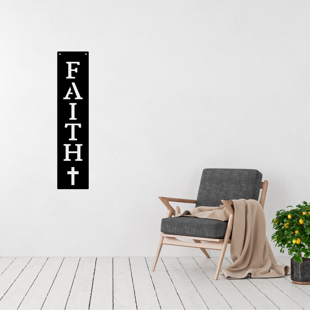 Anchored in Faith | Faith Vertical Metal Wall Sign displayed in a contemporary living room.