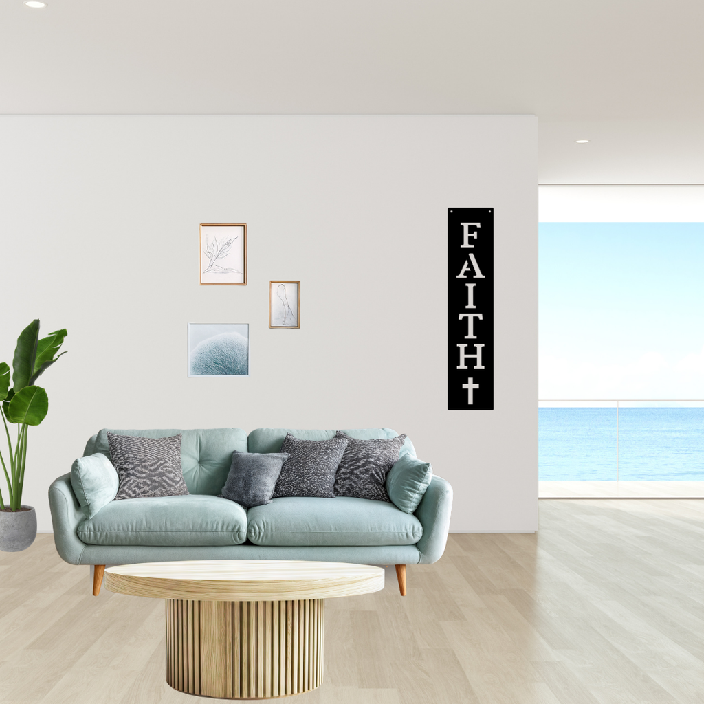 Anchored in Faith | Faith Vertical Metal Wall Sign showcased in a bright modern home interior.