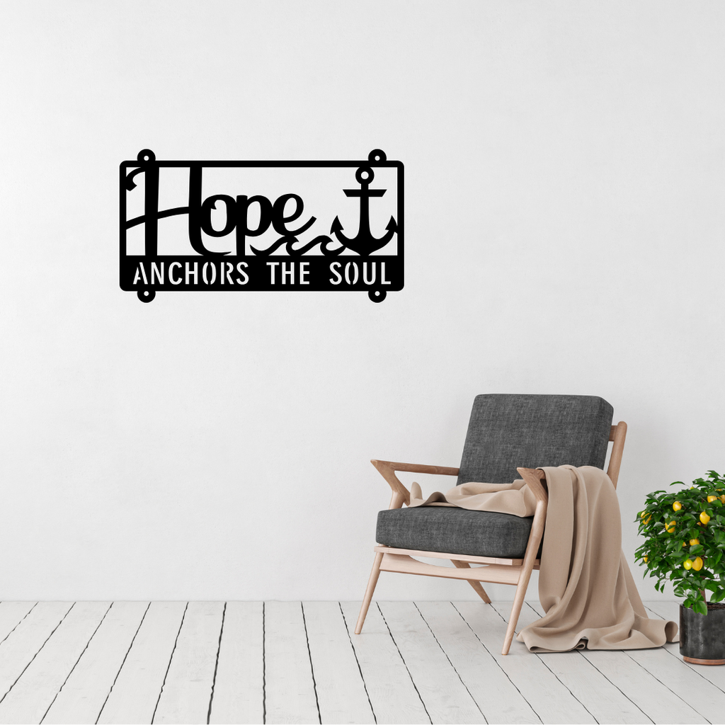 Anchored in Faith | Hope Anchors the Soul Metal Wall Art displayed in a bright modern living room.