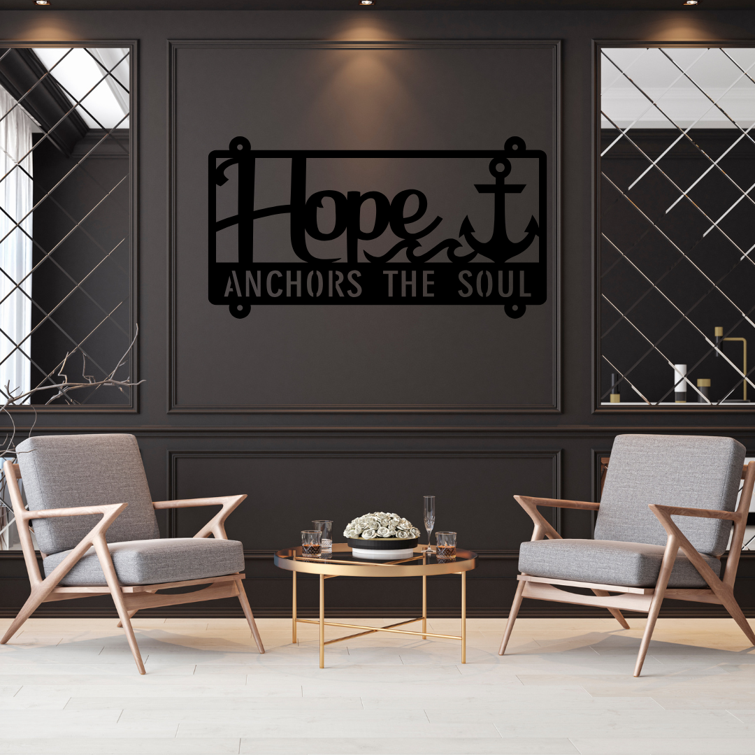 Anchored in Faith | Hope Anchors the Soul Metal Wall Art installed in a sophisticated modern interior.