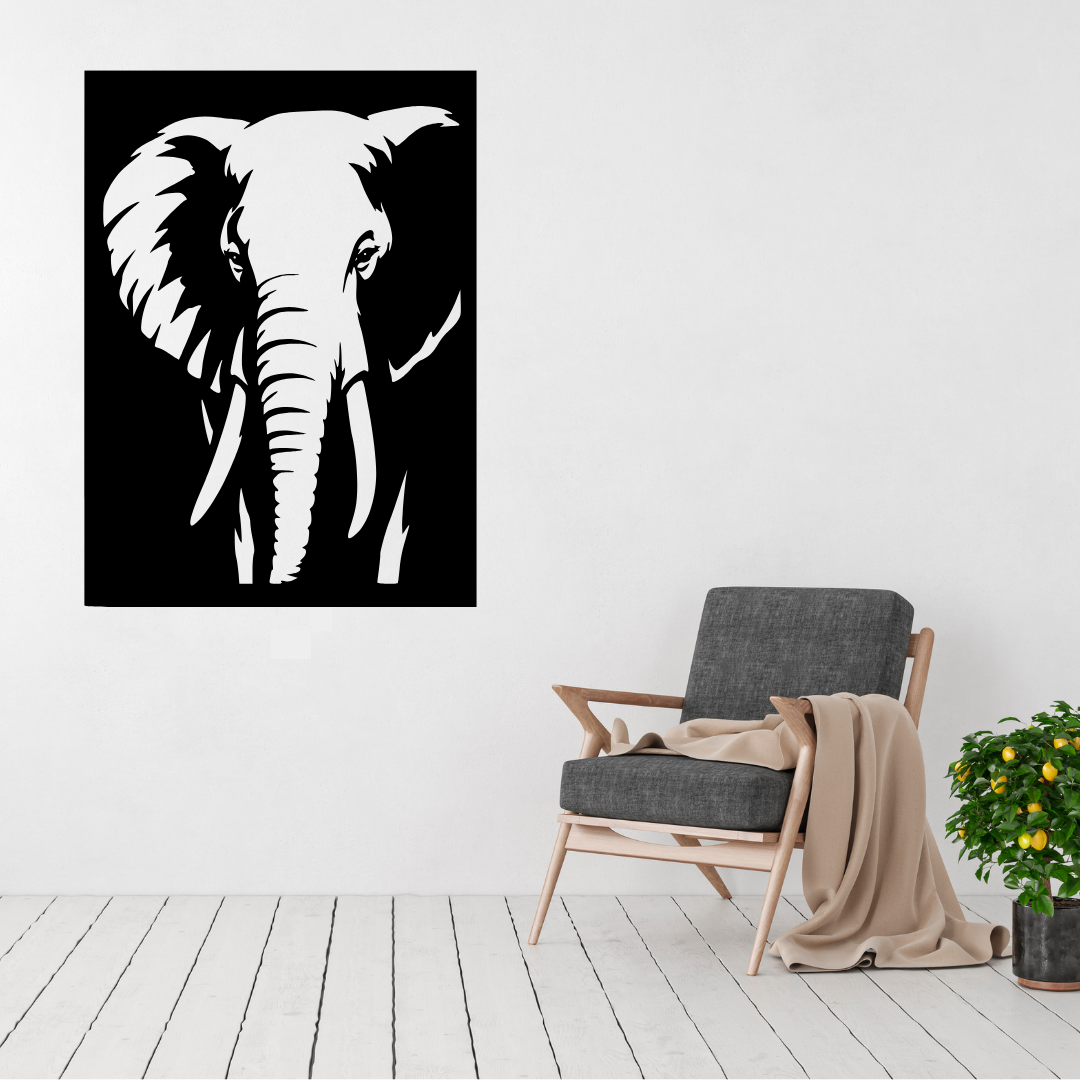 Ancient Presence elephant metal wall art displayed above a contemporary chair in a stylish modern interior
