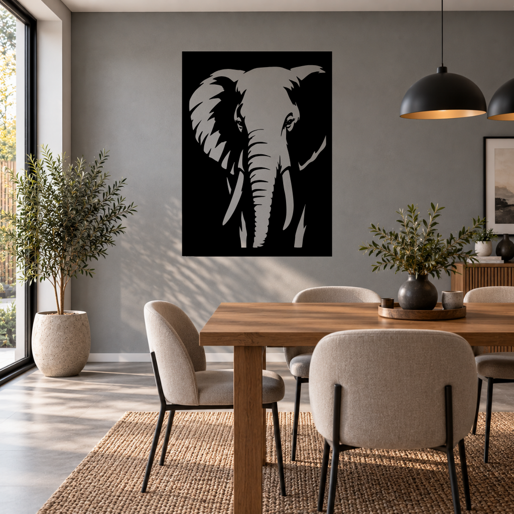 Ancient Presence elephant metal wall art displayed in a modern room with contemporary African-inspired décor