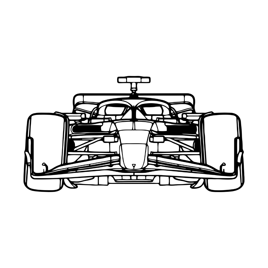 Close-up of the Apex Racer Formula One laser-cut metal wall art featuring the detailed front view of a Formula One race car.