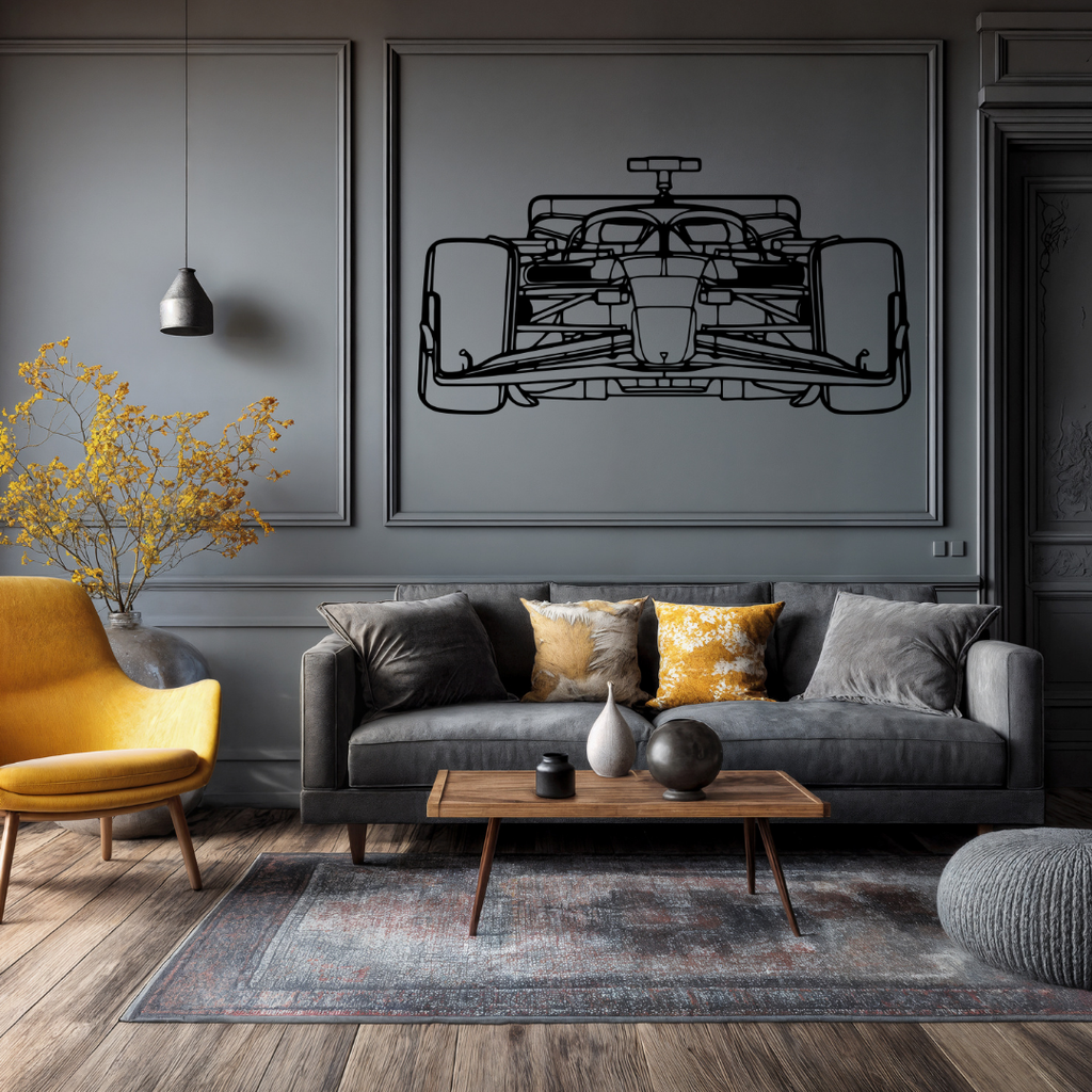 Apex Racer Formula One metal wall art mounted above a contemporary sofa in a stylish modern lounge.