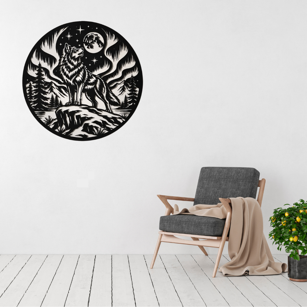 Aurora Howl | Wolf Metal Wall Art displayed on a modern living room wall above a grey accent chair, featuring a majestic wolf beneath the northern lights and a full moon in a precision-cut circular black metal design.