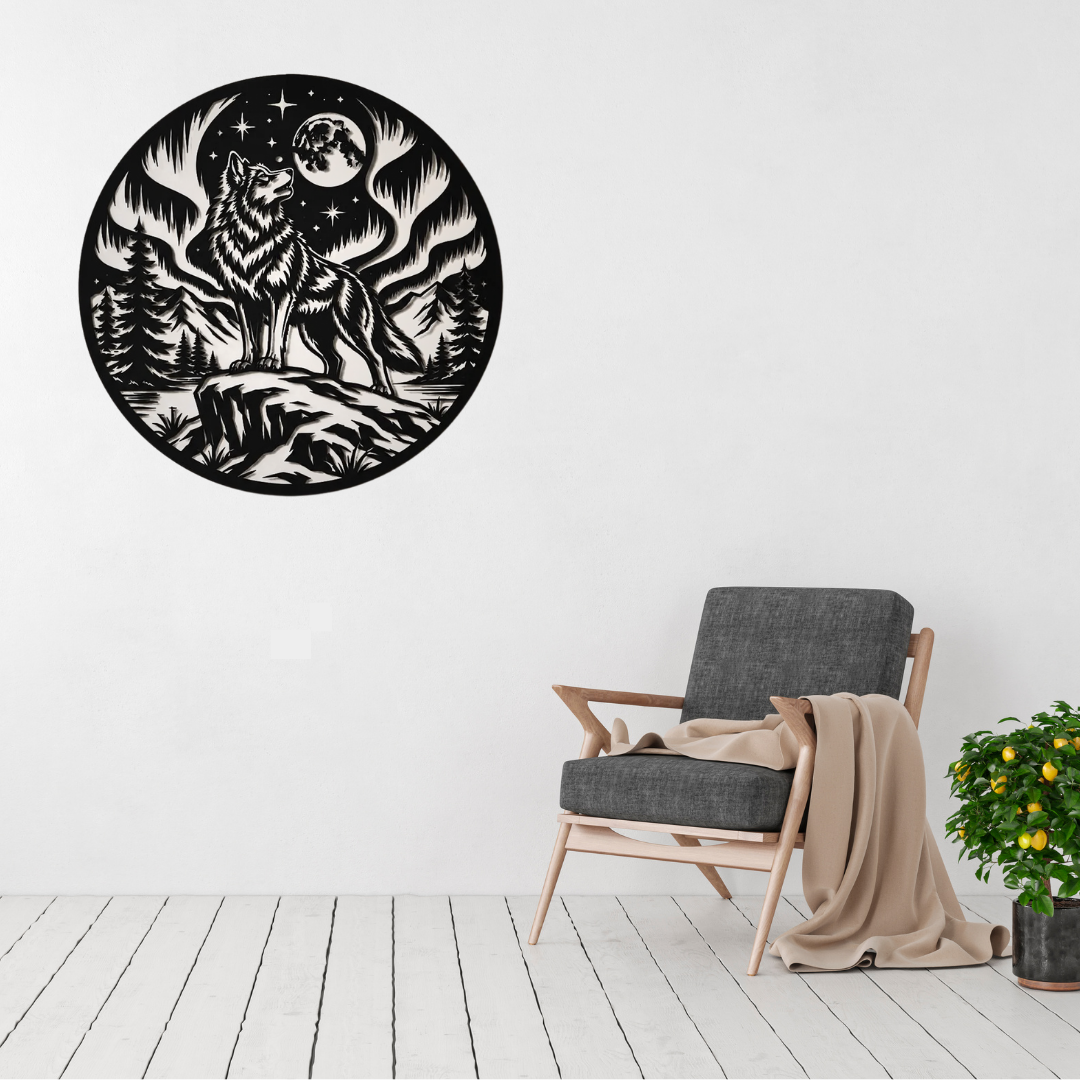 Aurora Howl | Wolf Metal Wall Art displayed on a modern living room wall above a grey accent chair, featuring a majestic wolf beneath the northern lights and a full moon in a precision-cut circular black metal design.