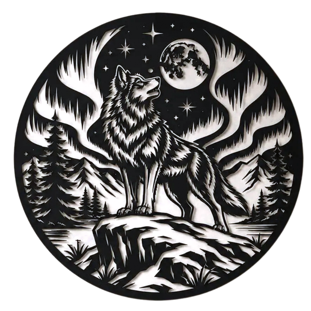 Aurora Howl | Wolf Metal Wall Art showcased above a contemporary sofa, creating a striking wilderness-inspired focal point with a wolf, northern lights, full moon, and mountain landscape in precision-cut black metal.