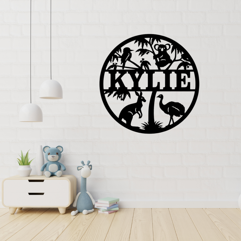 Australian wildlife metal wall art displayed in a nature-inspired nursery