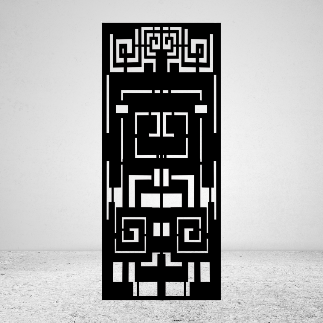 Aztec Spirit geometric metal privacy screen featuring bold stepped shapes and symmetrical Aztec-inspired motifs