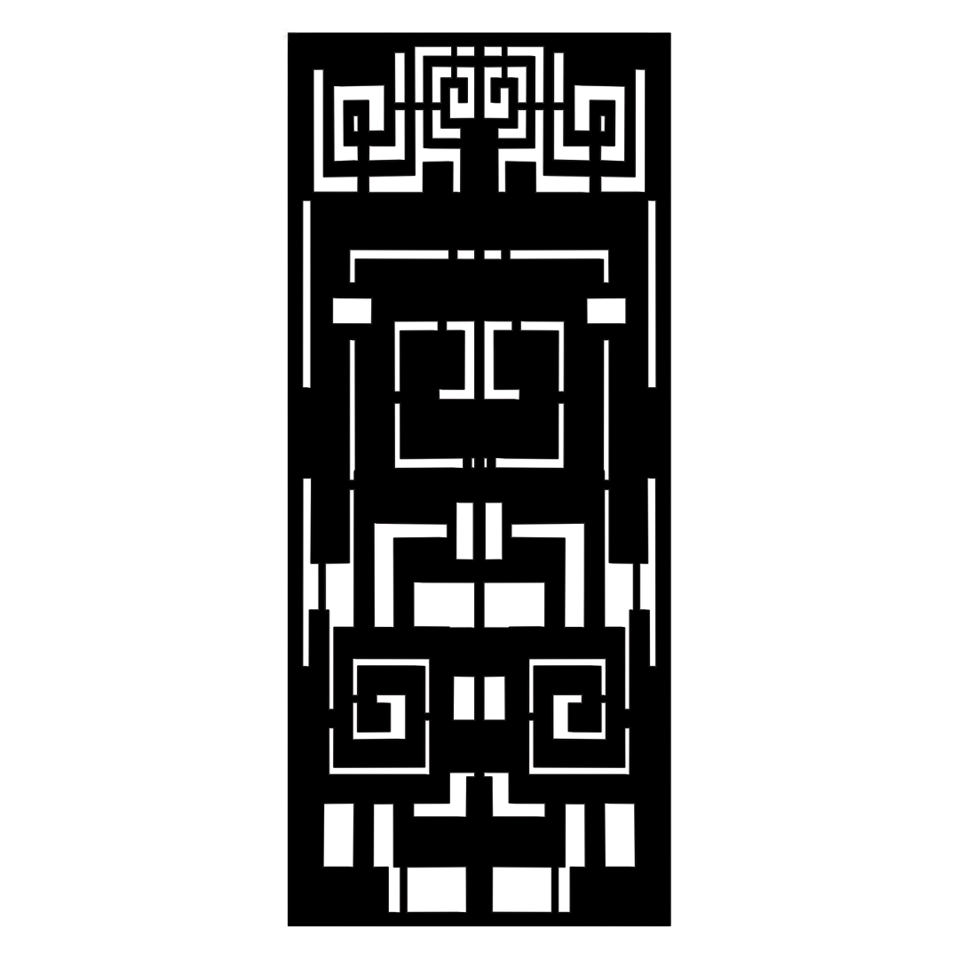 Aztec Spirit decorative geometric metal privacy panel isolated on a white background showing intricate angular detailing