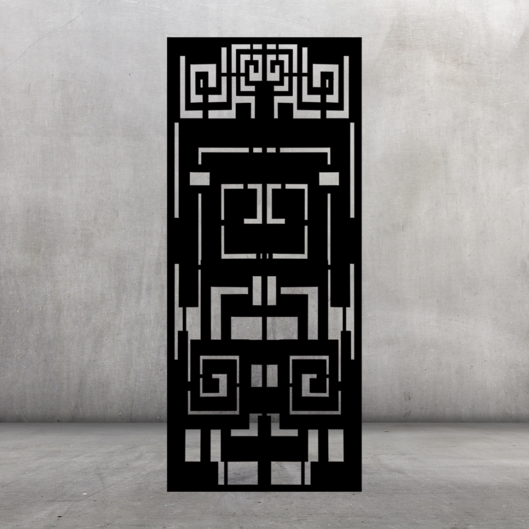 Aztec Spirit metal privacy screen displayed against a dark grey wall with bold symmetrical tribal-inspired geometric pattern