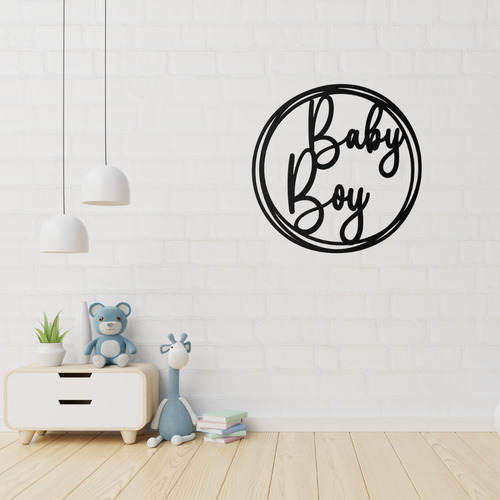 Baby Boy Script Personalised Nursery Metal Wall Art displayed in a bright, modern nursery above a toy cabinet.