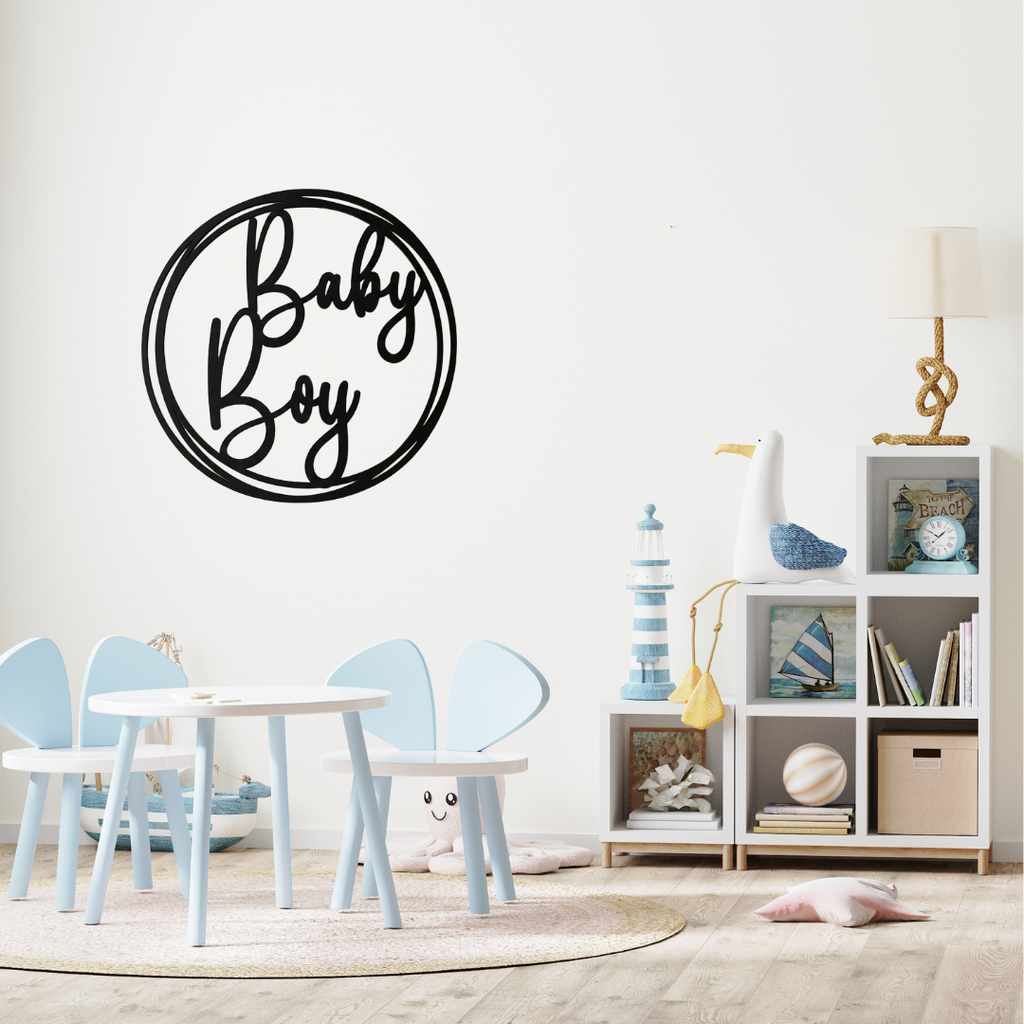 Baby Boy Script Personalised Nursery Metal Wall Art showcased in a stylish children's room above a play area.