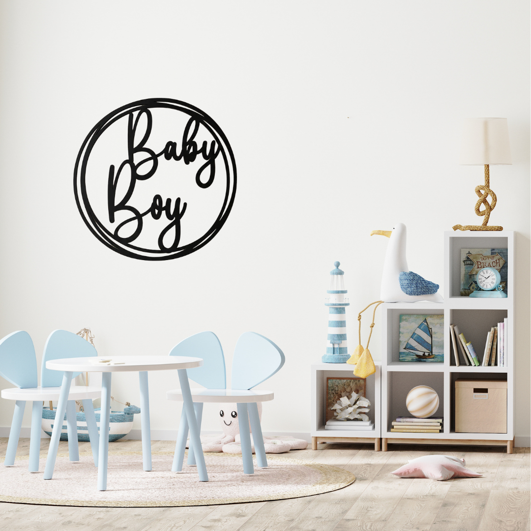 Baby Boy Script Personalised Nursery Metal Wall Art showcased in a stylish children's room above a play area.