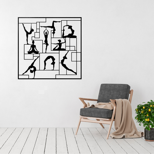 Balance & Flow Yoga Silhouettes metal wall art displayed above a modern armchair in a bright minimalist living room.