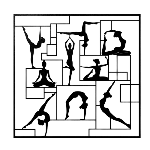 Close-up of the Balance & Flow laser-cut metal wall art featuring multiple yoga silhouettes within a contemporary geometric frame.