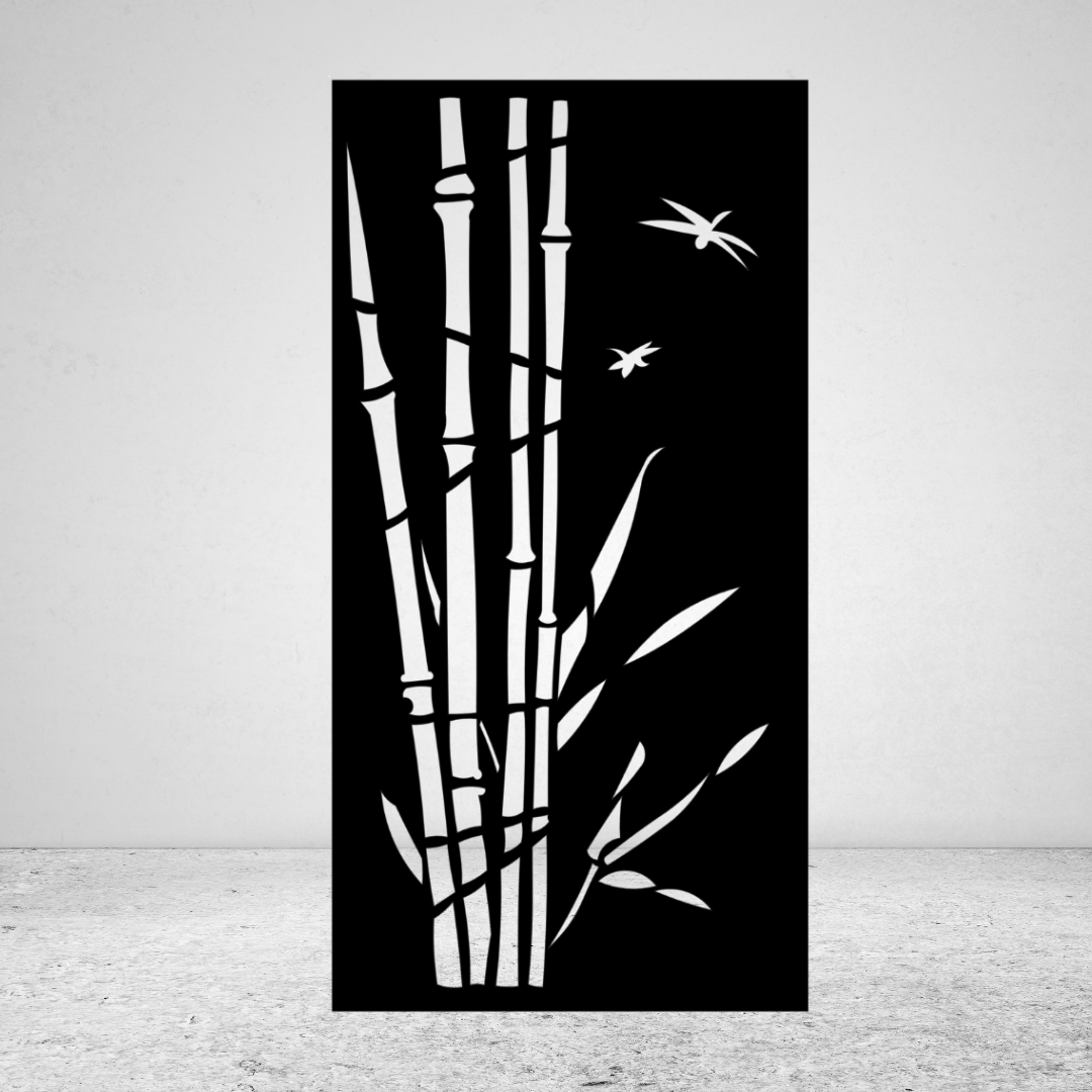 Bamboo Grove tropical metal privacy screen featuring bamboo stalks, leaves and birds in flight