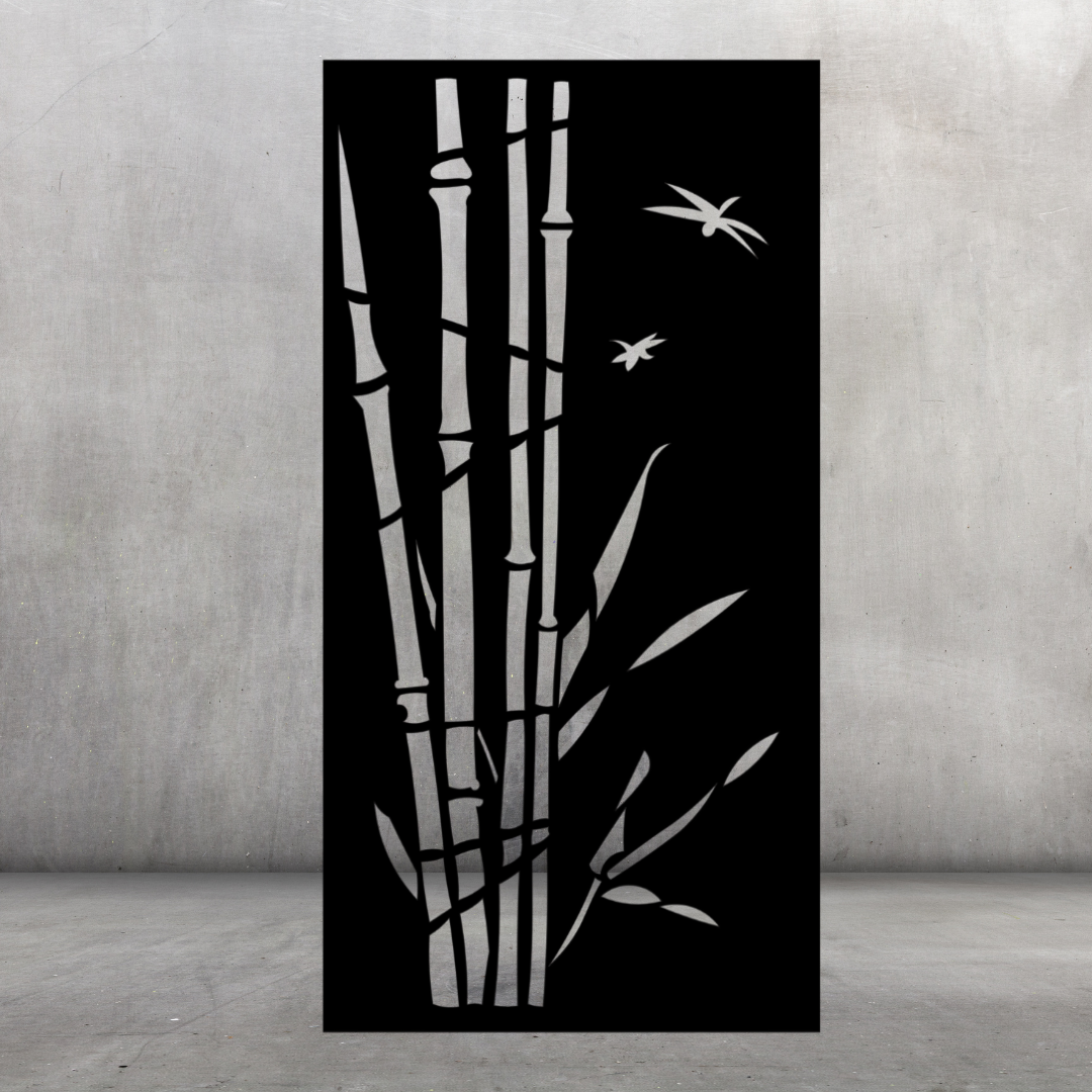 Bamboo Grove decorative metal privacy screen displayed against a dark grey wall with bamboo stalks and botanical pattern