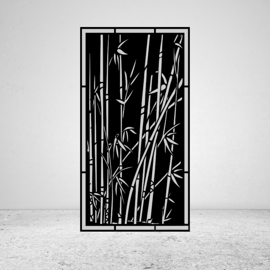 Bamboo Bliss zen-inspired metal privacy screen against a light grey wall with bamboo stalk cut-outs