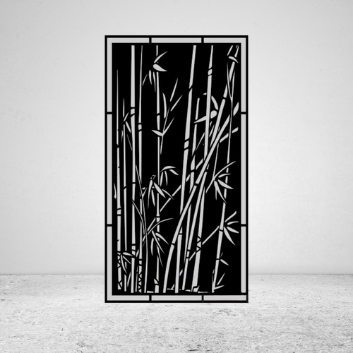Bamboo Bliss zen-inspired metal privacy screen against a light grey wall with bamboo stalk cut-outs