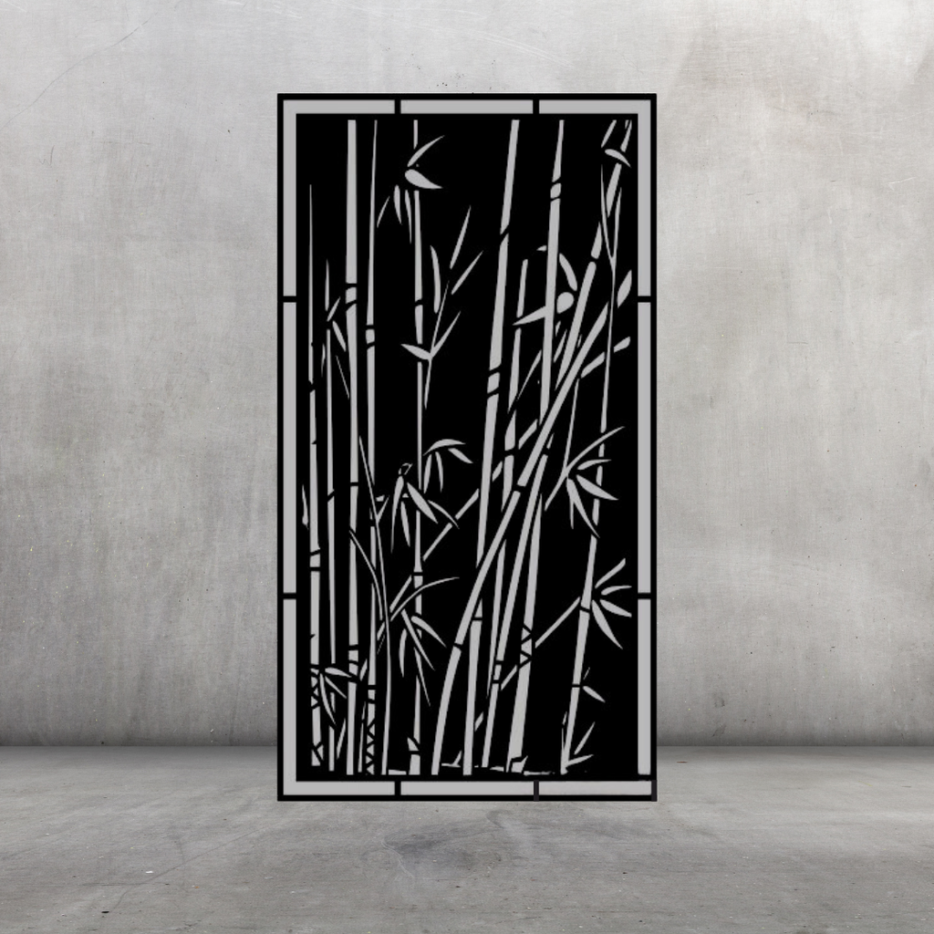 Bamboo Bliss decorative metal privacy screen displayed against a dark grey wall with tranquil bamboo pattern
