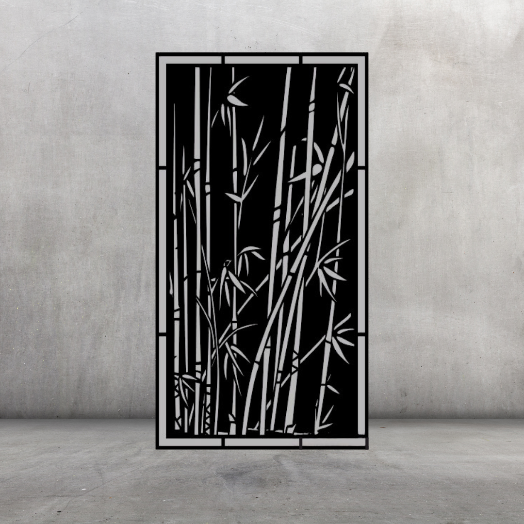 Bamboo Bliss decorative metal privacy screen displayed against a dark grey wall with tranquil bamboo pattern