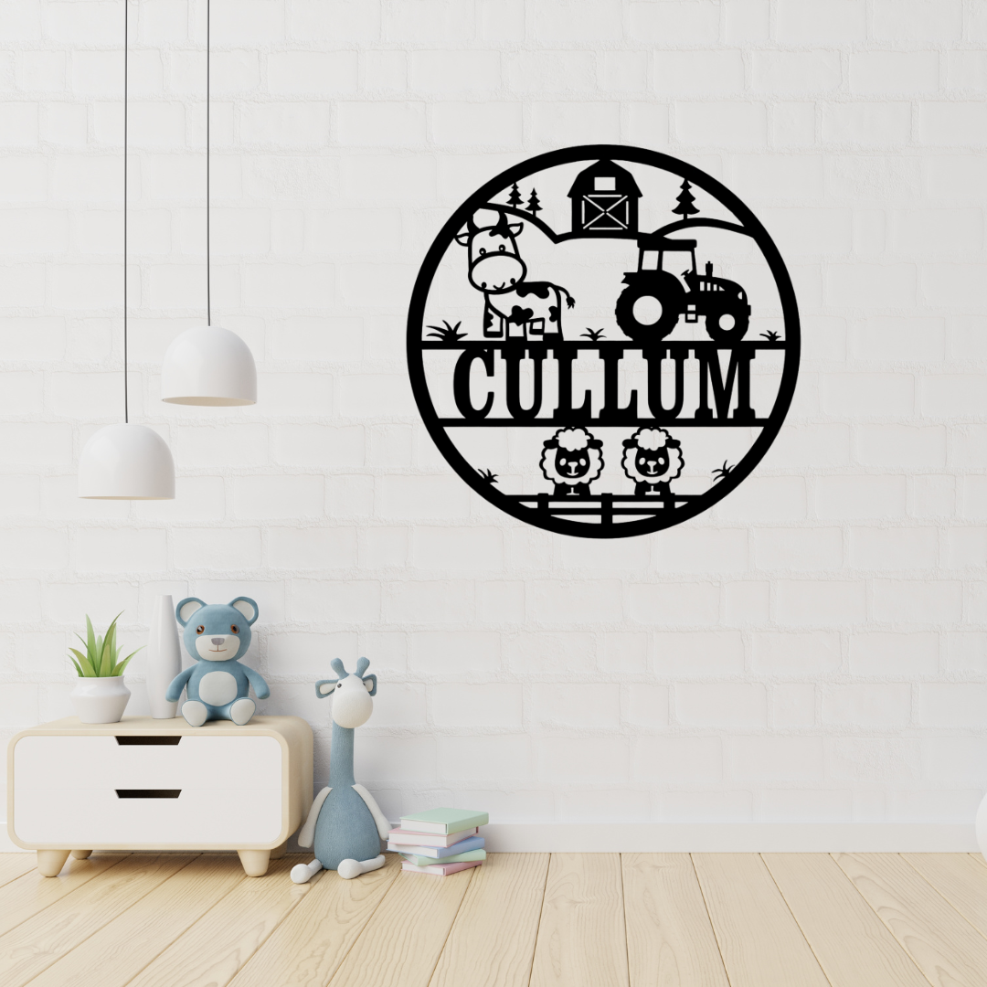 Farm animal metal wall art displayed in a rustic nursery room