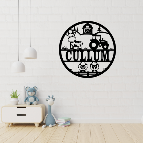 Farm animal metal wall art displayed in a rustic nursery room