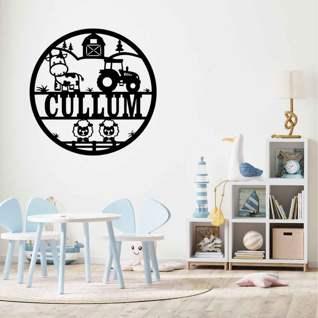 Cute farm nursery décor styled above a wooden crib with animal accessories