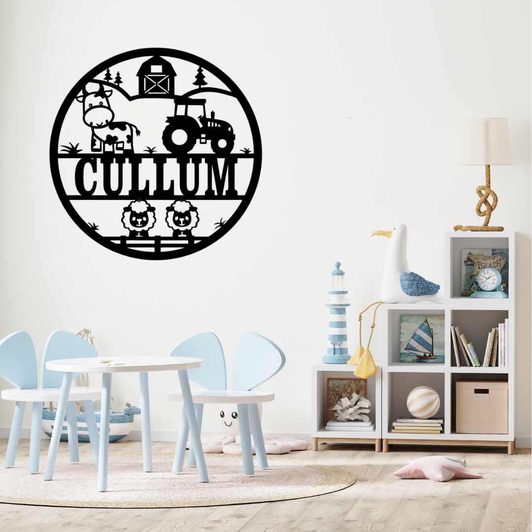 Cute farm nursery décor styled above a wooden crib with animal accessories