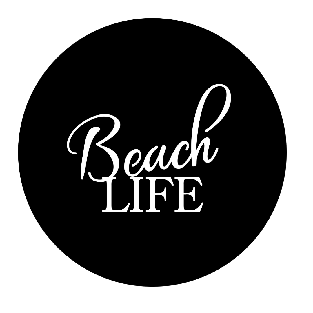 Close-up of the Beach Life minimalist coastal typography metal wall art with stylish script and bold lettering in a circular modern design.