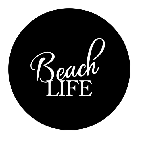 Close-up of the Beach Life minimalist coastal typography metal wall art with stylish script and bold lettering in a circular modern design.