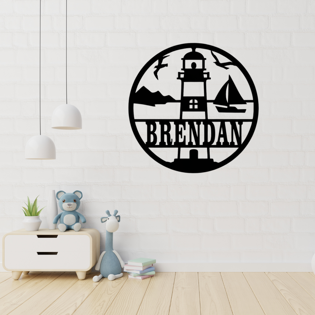 Nautical lighthouse wall art displayed in a coastal-themed room