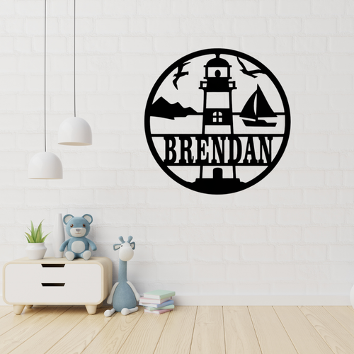 Nautical lighthouse wall art displayed in a coastal-themed room