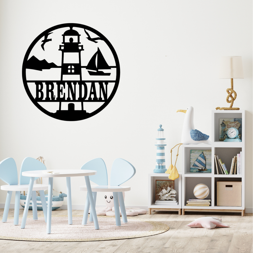 Coastal lighthouse décor styled in a beach-inspired nursery space