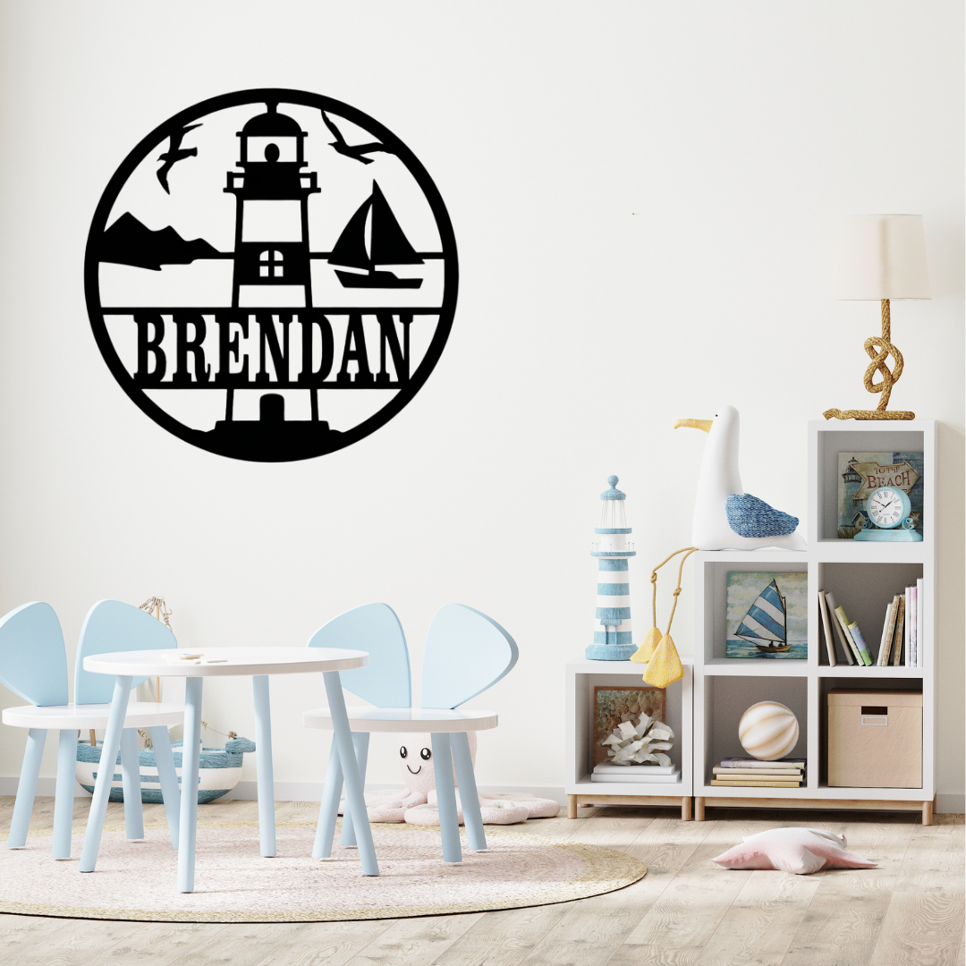 Coastal lighthouse décor styled in a beach-inspired nursery space
